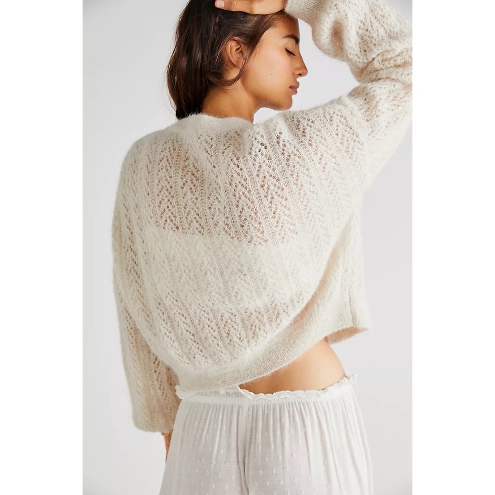 Free People Amelia Alpaca Blend Pointelle Knit Cardigan Sweater Oatmeal Heather - Picture 2 of 9